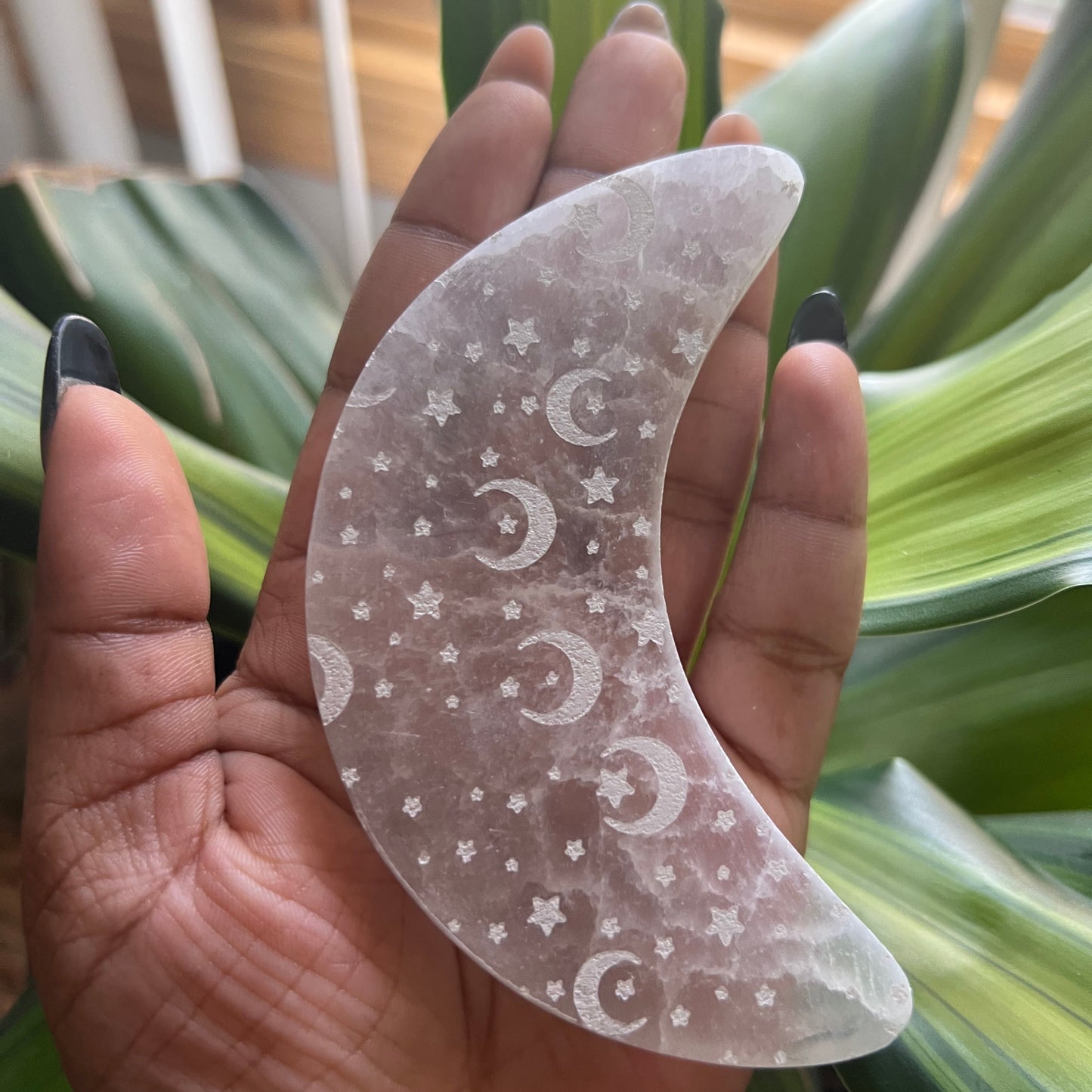 Etched Moon Selenite Crystal Carving