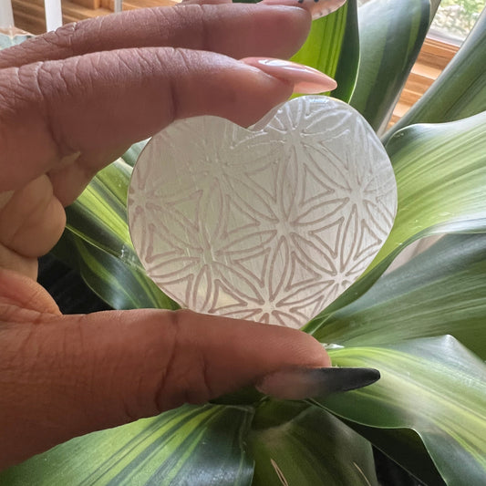 Etched Flower Of Life Heart Selenite Crystal